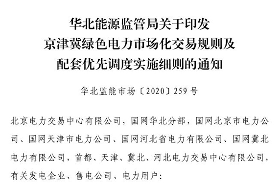 華北能源監(jiān)管局關(guān)于印發(fā)京津冀綠色電力市場(chǎng)化交易規(guī)則及配套優(yōu)先調(diào)度實(shí)施細(xì)則的通知